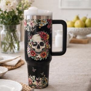 Floral Skull Black Travel Mug 40oz